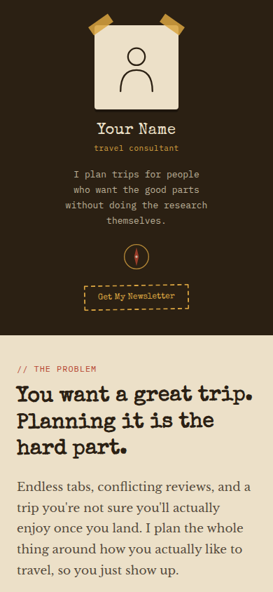 Travel Consultant sample site mobile view